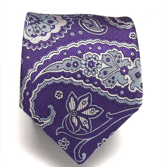 David Donahue Tie Men Silk Purple Light Blue Silver Paisley Necktie Woven Italy - Picture 4 of 12
